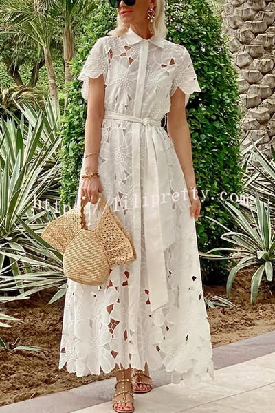 Dubai Style Floral Crochet Lace Short Sleeve Tie-up Shirt Maxi Dress