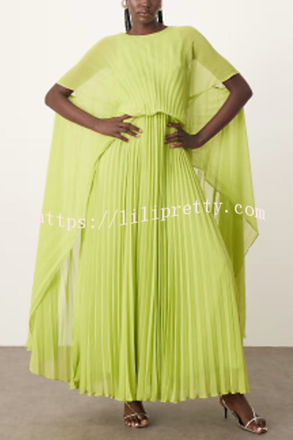 Spring Whispers Chiffon Pleated Wide Sleeve Volume Maxi Dress