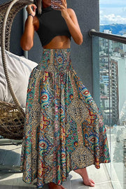 Unique Printed Pleated Elastic Waist Holiday Casual Maxi Skirt