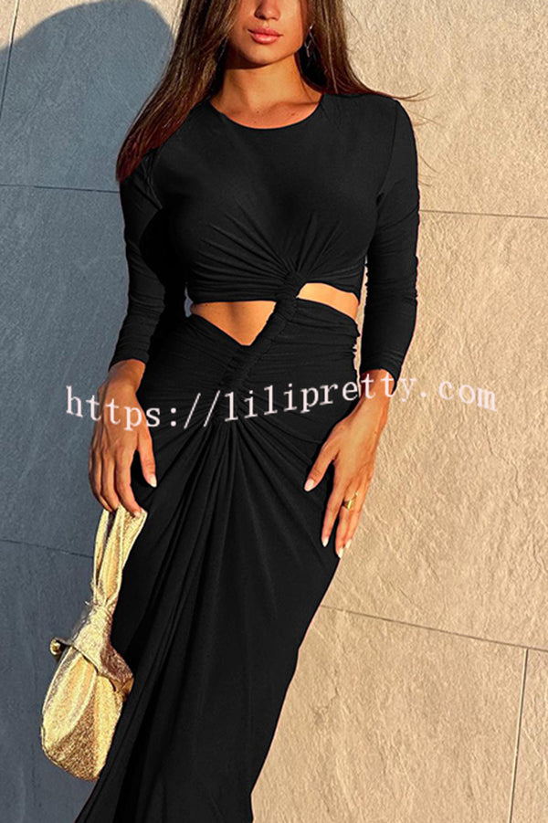 Solid Color Round Neck Long Sleeve Sexy Exposed Waist Slit Maxi Dress