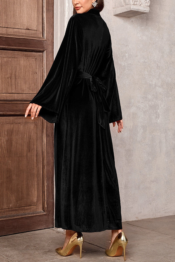 Solid Color Velvet Bell Sleeves Tie Waist Elegant Maxi Dress
