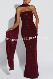 Pandra Glittery Crepe Fabric Off Shoulder Ruched Slit Cape Maxi Dress