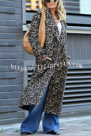 Leopard Affair Animal Print Epaulettes Long Sleeve Pocketed Lapel Midi Trench Coat