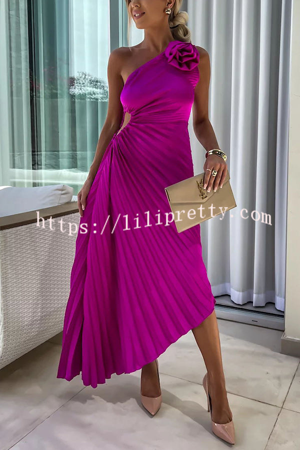 Lilipretty® Romantic Nights Satin Raised Flower Elastic Cutout One Shoulder Pleated Maxi Dress