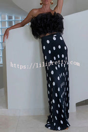 Eye-catching Satin Pleated Poka Dot Print High Rise Drape Maxi Skirt