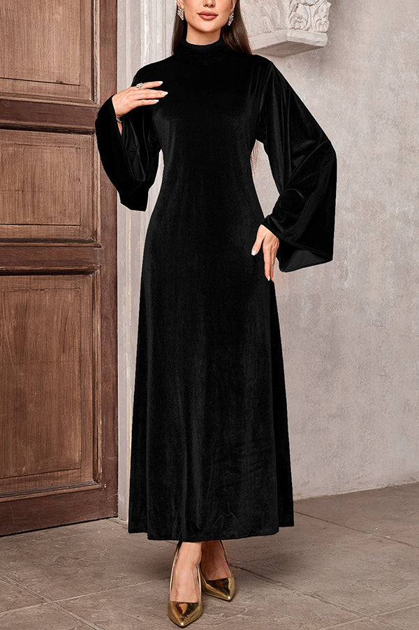 Solid Color Velvet Bell Sleeves Tie Waist Elegant Maxi Dress