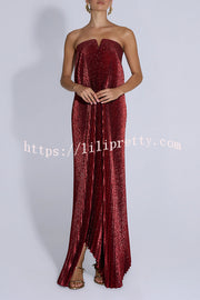 Party Time Pleated Metallic Fabric Off Shoulder Irregular Hem A-line Maxi Dress