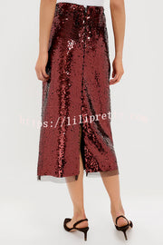 Upper East Chic Sequin Mesh Trim High Rise Slit Pencil Midi Skirt