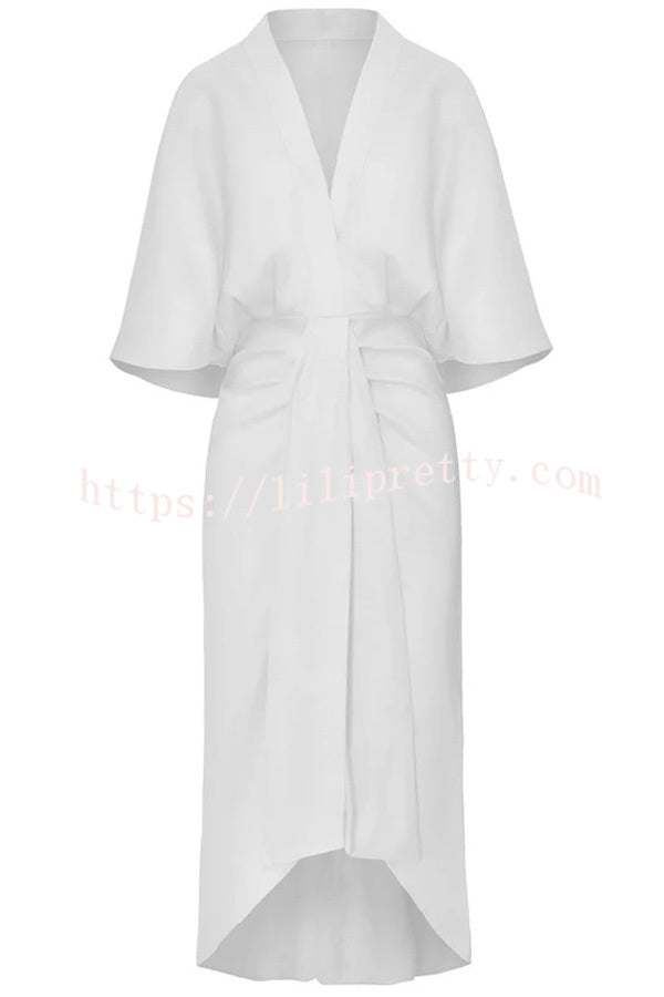 Chantelle Linen Blend Kimono Sleeves Drape High Low Maxi Dress