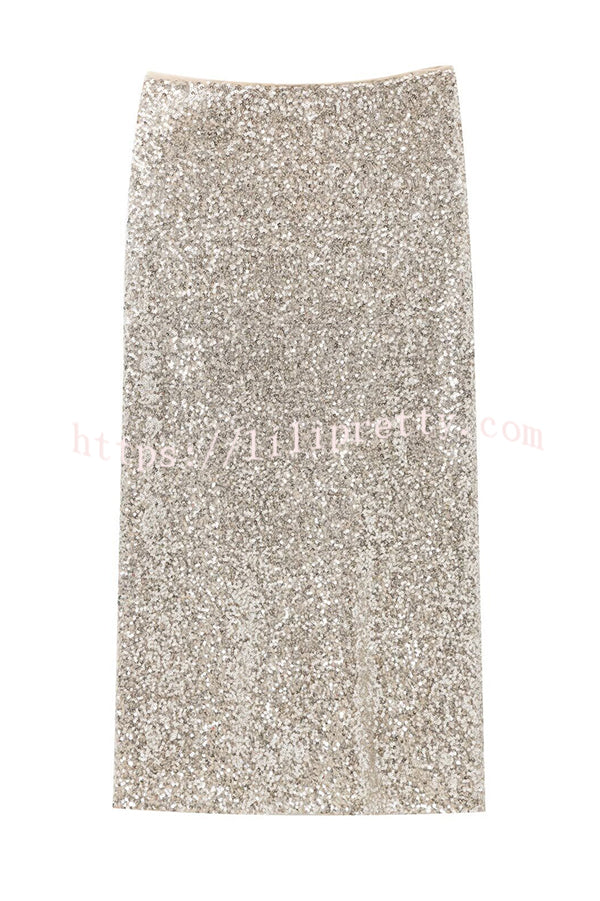 Crushing on You Sequin High Rise Wrap Tie-up Slit Midi Skirt