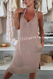 Solid Color V-Neck Sleeveless Casual Pocket Knitted Midi Dress