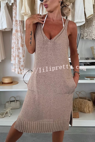 Solid Color V-Neck Sleeveless Casual Pocket Knitted Midi Dress