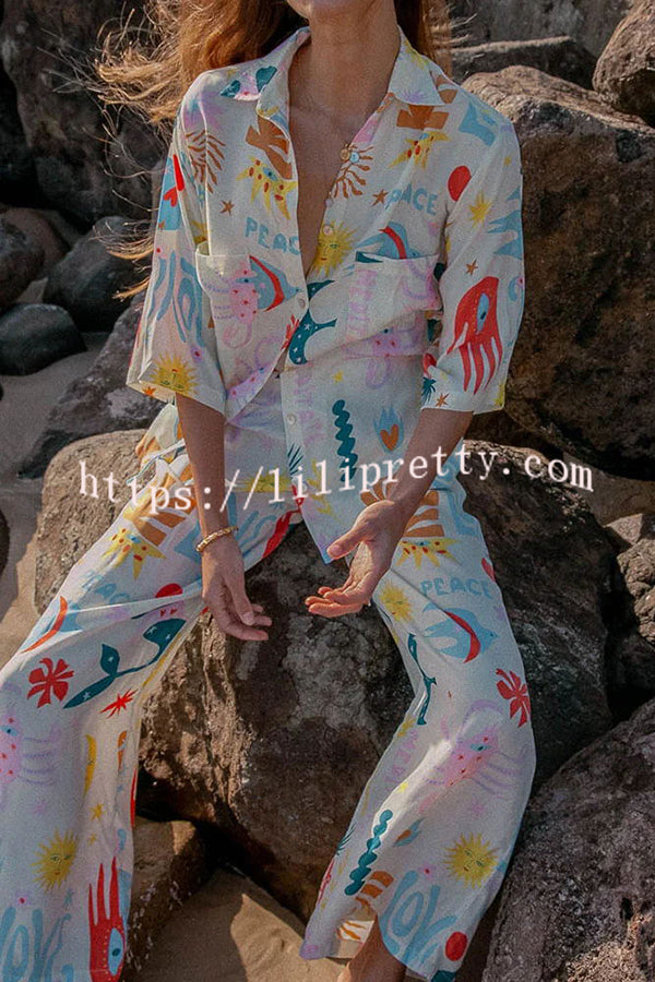 Abstract Sea Creature Print Button Pockets Elastic Waist Pant Suit