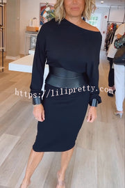 Winston Faux Leather Patchwork Wide Belt Design One Shoulder Stretch Midi Dress