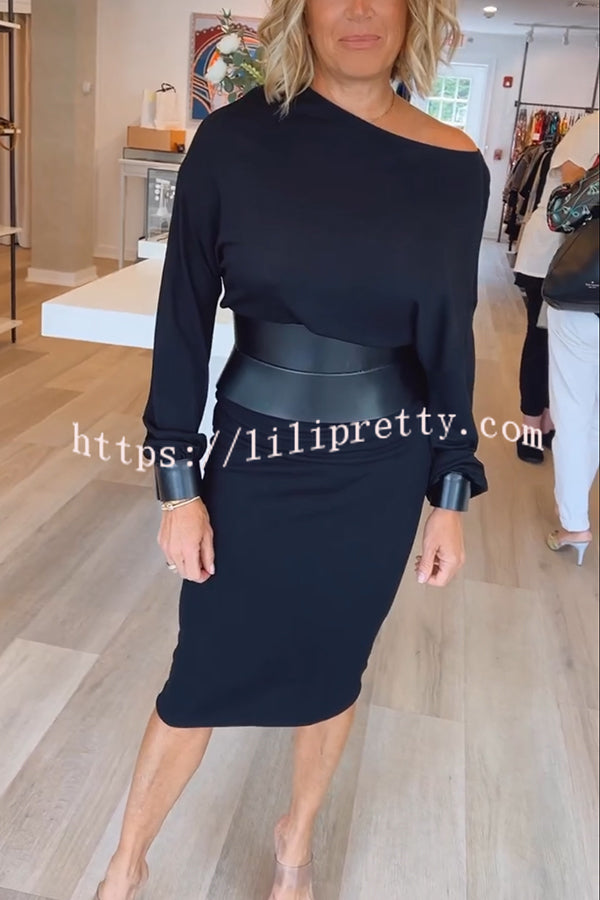 Winston Faux Leather Patchwork Wide Belt Design One Shoulder Stretch Midi Dress