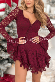 Spake To Me Lace Ruffles Button Up Long Bell Sleeve Asymmetrical Hem Stretch Romper