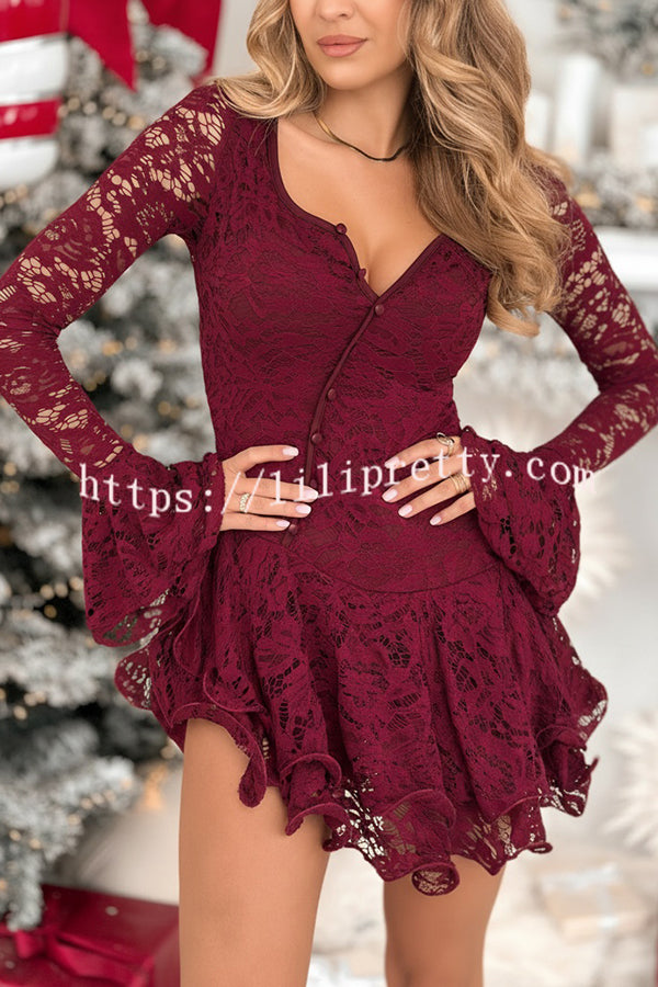 Spake To Me Lace Ruffles Button Up Long Bell Sleeve Asymmetrical Hem Stretch Romper