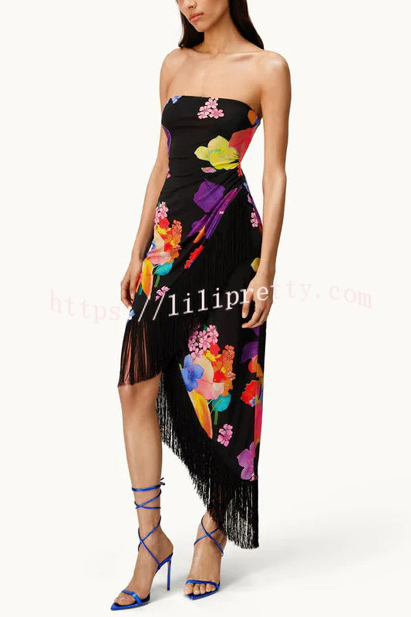 Lilipretty® Island Girl Era Floral Print Tassel Trim Bandeau Stretch Midi Dress
