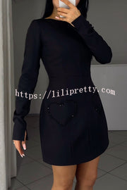 Anna Sparkling Gemstone Trim Heart Pocket Long Sleeve Mini Dress
