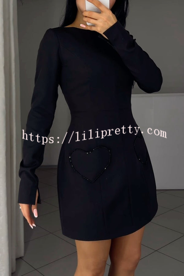 Anna Sparkling Gemstone Trim Heart Pocket Long Sleeve Mini Dress