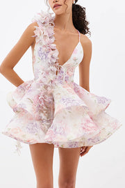 Floral Print V-neck Halter Back Tie Double Layer Mini Dress
