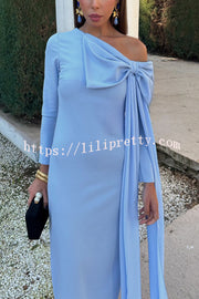 Vanessa Solid Color Long Sleeve Slim Fit Oversized Bow Tie Maxi Dress