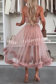 Fairytale Charm Tulle Off Shoulder Ruffles Trim A-line Midi Dress