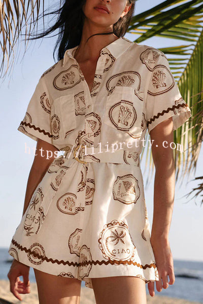 Resort Style Print Lapel Short Sleeves Casual Pocket Waist Tie Loose Rompers