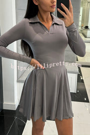 Solid Color Lapel Long Sleeve Slim Fit Waist Mini Dress