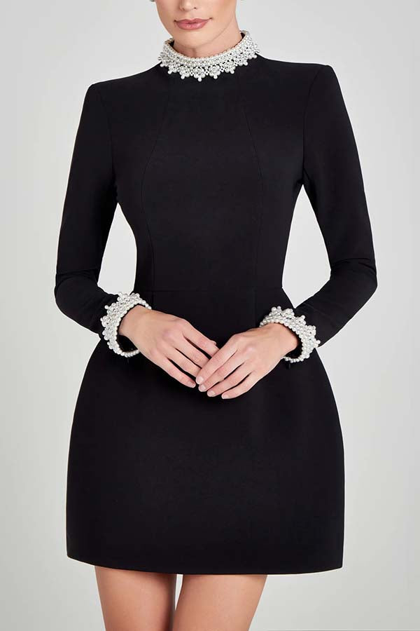 Lovers Kiss Pearl Trim High Neck Long Sleeve Pocketed Tulip Mini Dress