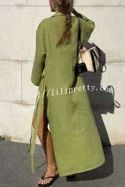 Linen Blend Solid Color Casual Lapel Tie Loose Maxi Dress
