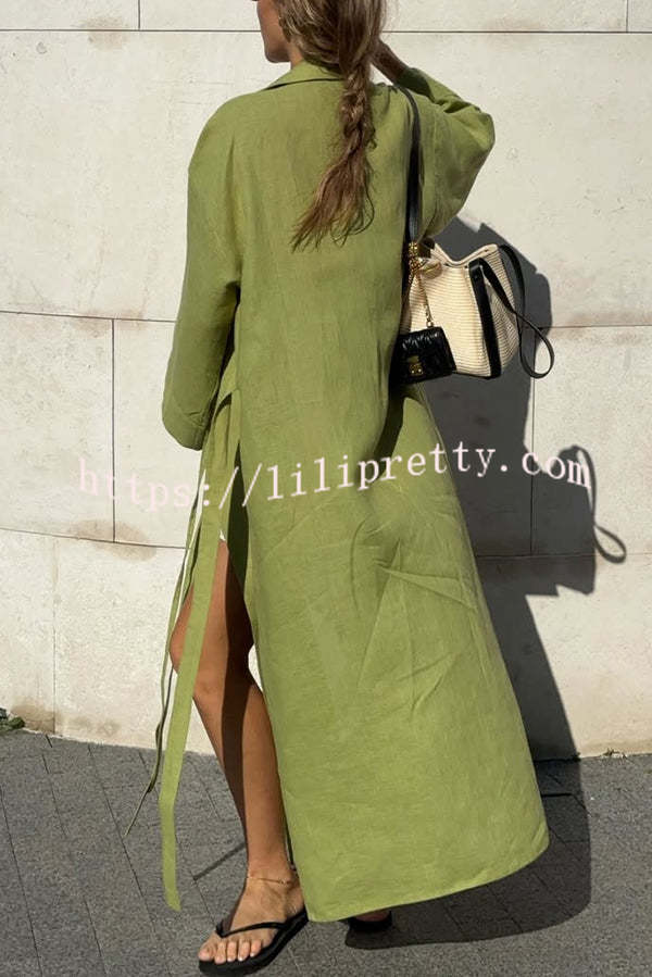 Linen Blend Solid Color Casual Lapel Tie Loose Maxi Dress