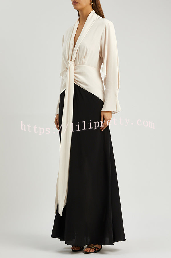 Fashion Contrast Color V-neck Tie High Waist Drape Maxi Dress