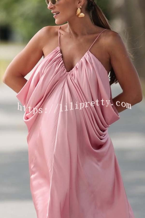 Venus Satin V-neck Draped Pleated Slip Loose Maxi Dress