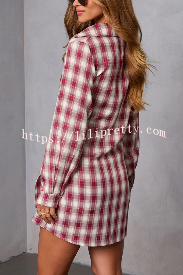 Ashroot Plaid Button Up Wrap Tie Long Sleeve Shirt Mini Dress