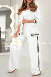 Solid Color Lapel Long Sleeve Loose Blazer and Elastic Waist Casual Pocket Wide Leg Pants Set