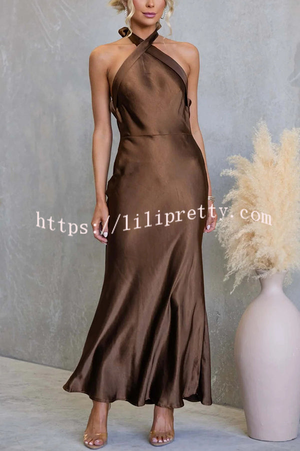 Satin Fashion Halter Backless Slim Elegant Maxi Dress