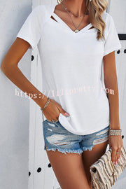 Casual Solid Color Short Sleeved V Neck Hollow T-Shirt