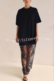 Ophelia Short Sleeve Sheer Floral Lace Hem Oversized T-shirt Maxi Dress