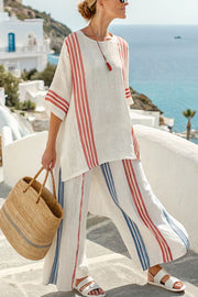 Striped Print Crew Neck Loose Top and Elastic Waist Casual Wide Leg Pants