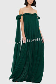 Fairy Spirit Tulle Braided Neckline Tie Arm Straps Pleated Maxi Dress