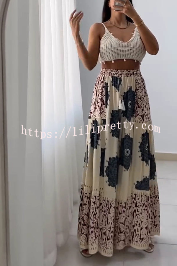 Unique Print Elastic High Waist Tie Pocket Holiday Style Wide Leg Pants