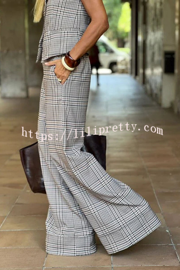 Office Chic Plaid Button Up Vest and Elastic Waist Pocketed Wide Leg Pants Set