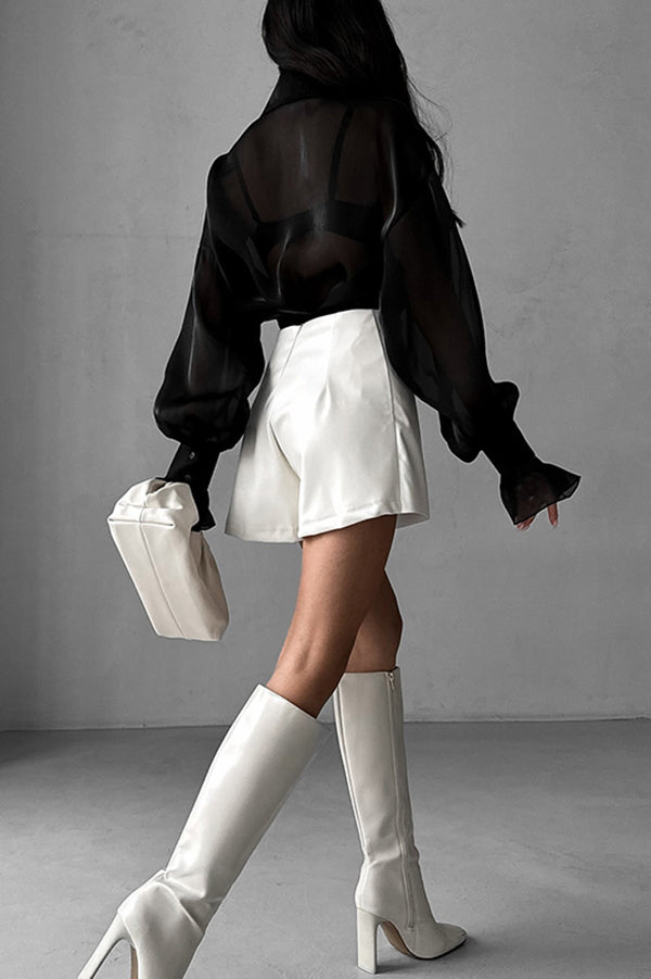 Fashion Lapel Long Sleeve Ruffled See-through Casual Shirt
