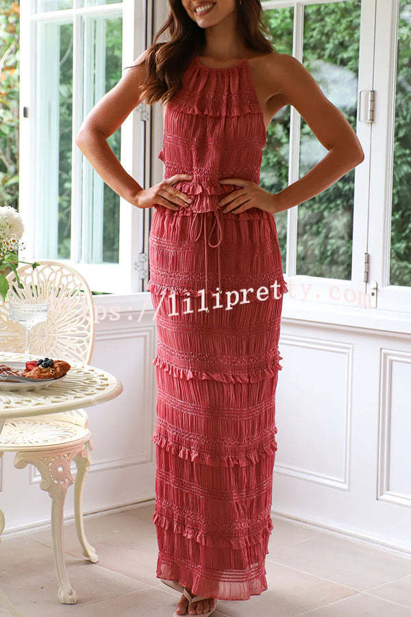 Feel Chic and Romantic Sequin Textured Material Back Elastic Halter Tie Tank and Drawstring Waist Tiered Maxi Skirt Set