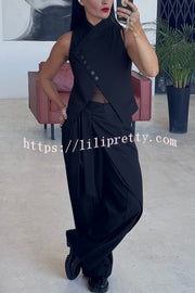 Urban Charm High Stand-up Collar Oblique Buckle Design Sleeveless Vest