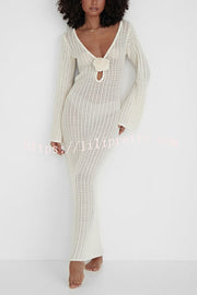 Bahamas Knit Long Bell Sleeve Sexy Backless Holiday Cover-up Maxi Dress