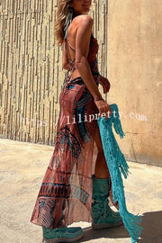 Lilipretty® Gypsy Style Unique Print Cowl Neck Back Lace-up Slit Midi Dress