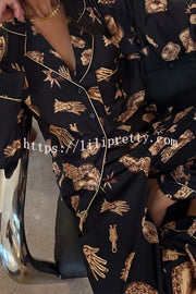 Golden Night Unique Print Color-block Trim Loose Shirt and Elastic Waist Pocketed Pajama Set