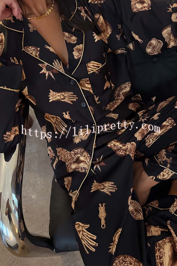 Golden Night Unique Print Color-block Trim Loose Shirt and Elastic Waist Pocketed Pajama Set
